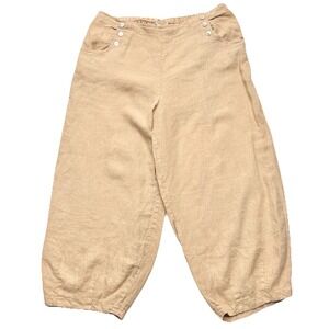 Bryn Walker Women's 1X Cropped Pants Tan 100% Linen‎ Shell Buttons Lagenlook
